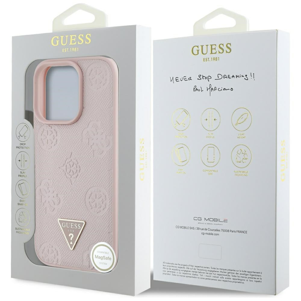 Etui MagSafe dla Apple iPhone 16 Pro, Guess, Peony Grained Hot Stamp Triangle, Różowy