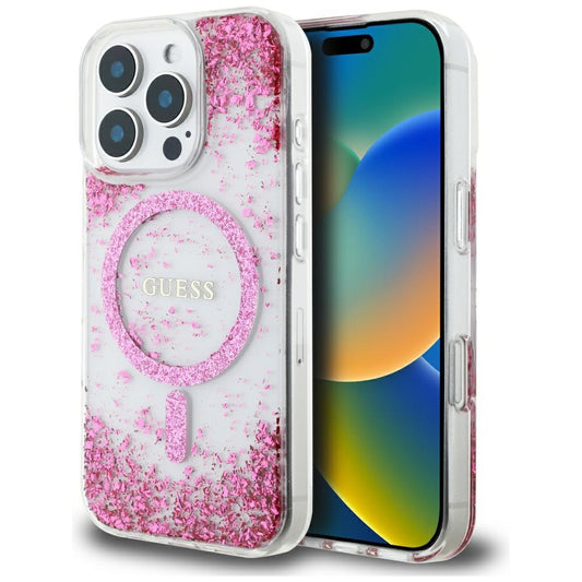 Etui MagSafe dla Apple iPhone 16 Pro, Guess, Resin Bottom Glitter, Różowy