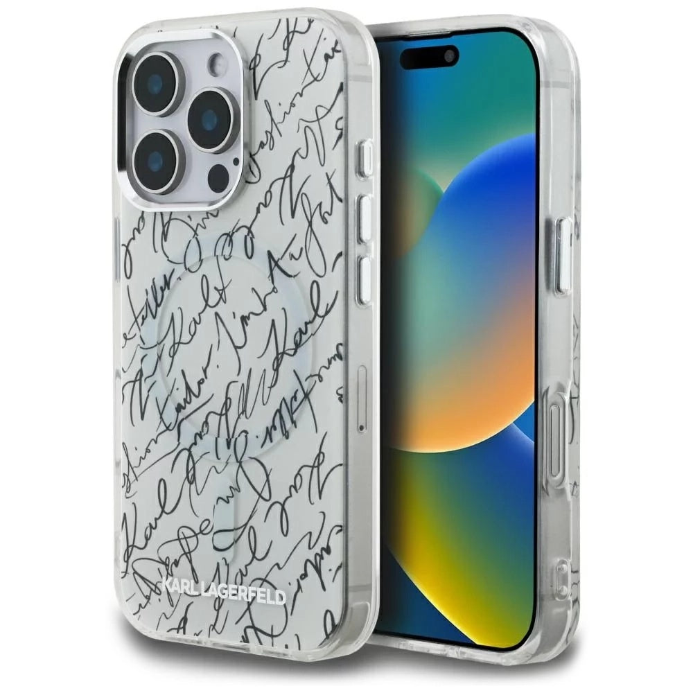 Etui MagSafe dla Apple iPhone 16 Pro, Karl Lagerfeld, IML Karl Script Pattern, Białe