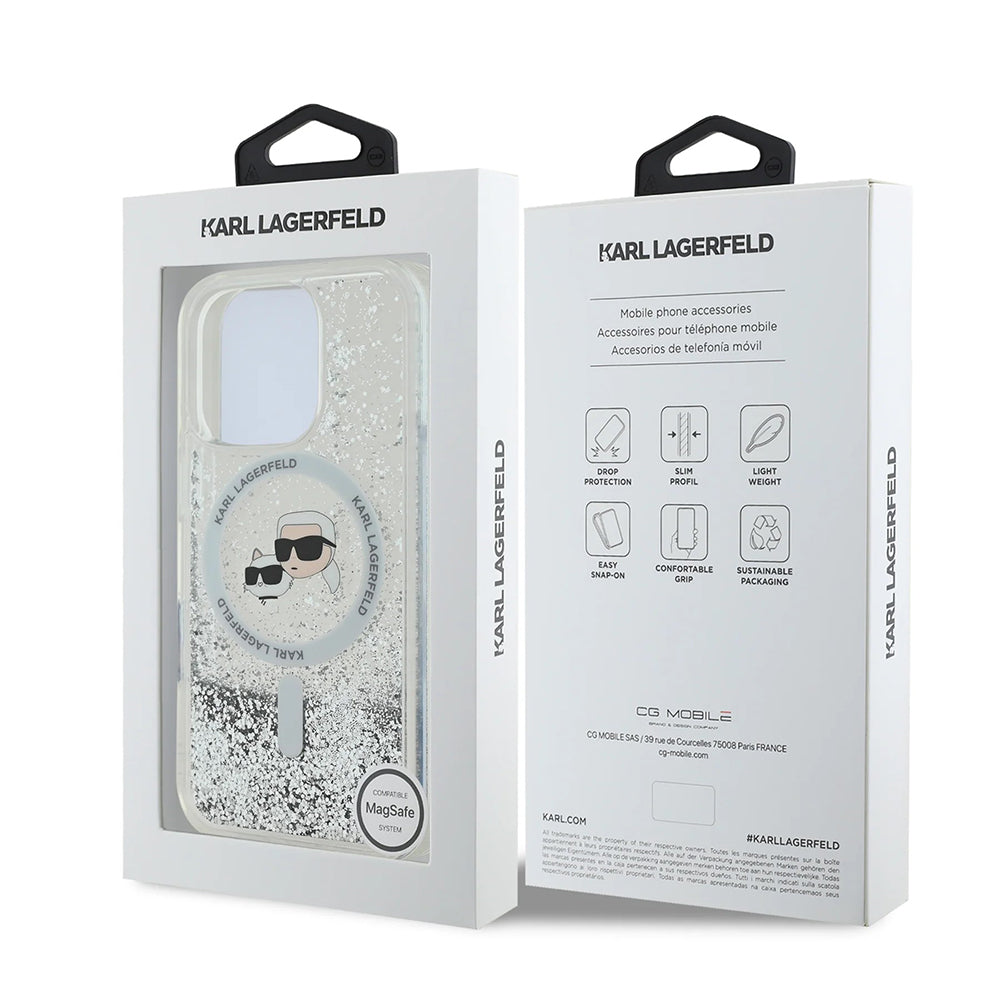 MagSafe Case for Apple iPhone 16 Pro, Karl Lagerfeld, Liquid Glitter Karl & Choupette's Heads, Transparent