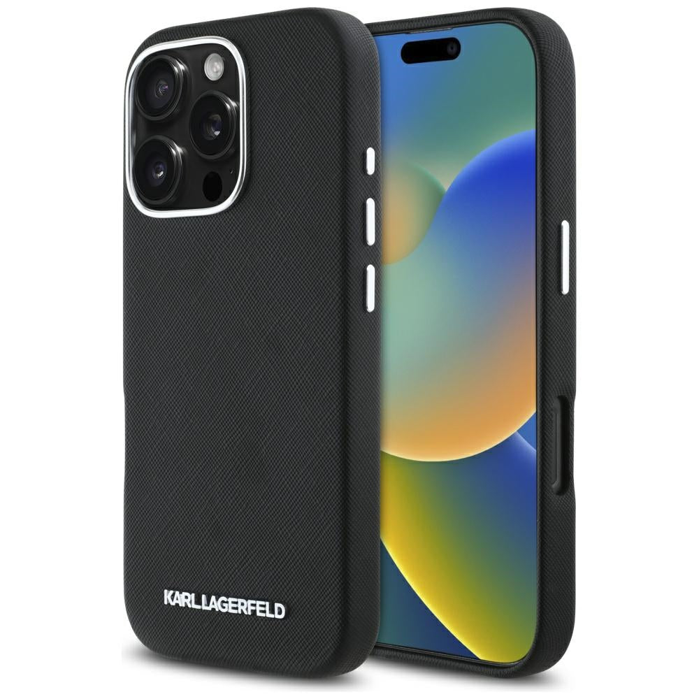 Etui MagSafe dla Apple iPhone 16 Pro, Karl Lagerfeld, Saffiano Full Wrapped Elongated Metal Logo, Czarne