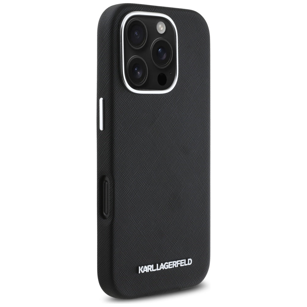 Etui MagSafe dla Apple iPhone 16 Pro, Karl Lagerfeld, Saffiano Full Wrapped Elongated Metal Logo, Czarne