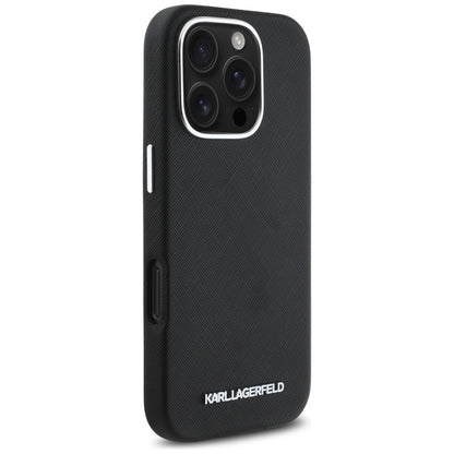 Etui MagSafe dla Apple iPhone 16 Pro, Karl Lagerfeld, Saffiano Full Wrapped Elongated Metal Logo, Czarne