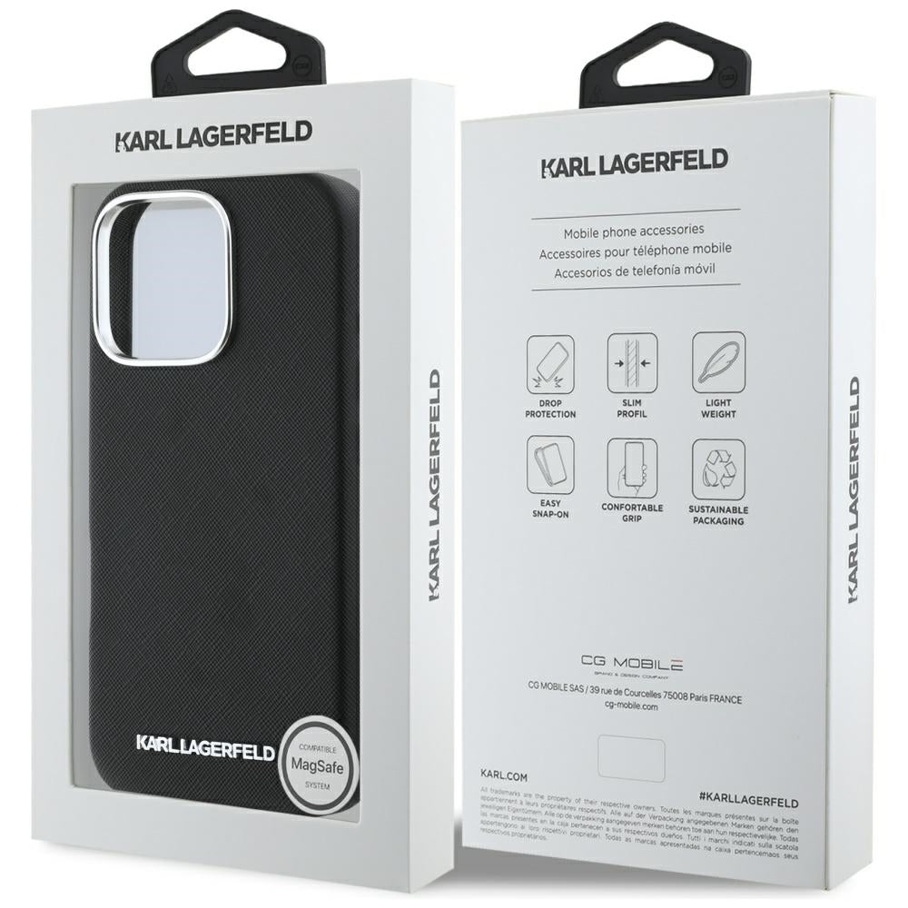 Etui MagSafe dla Apple iPhone 16 Pro, Karl Lagerfeld, Saffiano Full Wrapped Elongated Metal Logo, Czarne