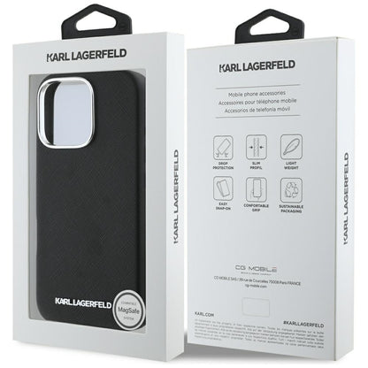 Etui MagSafe dla Apple iPhone 16 Pro, Karl Lagerfeld, Saffiano Full Wrapped Elongated Metal Logo, Czarne