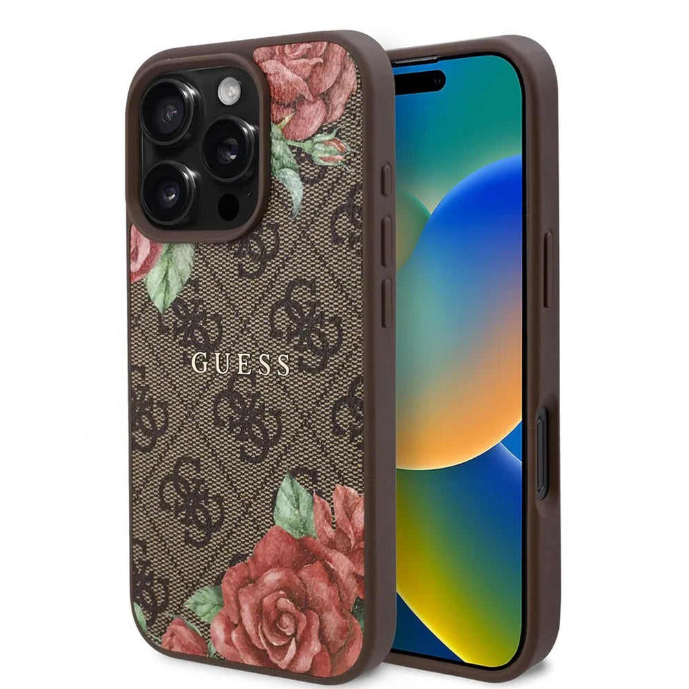 Etui MagSafe dla Apple iPhone 16 Pro Max, Guess, 4G Flowers Print, Brązowy