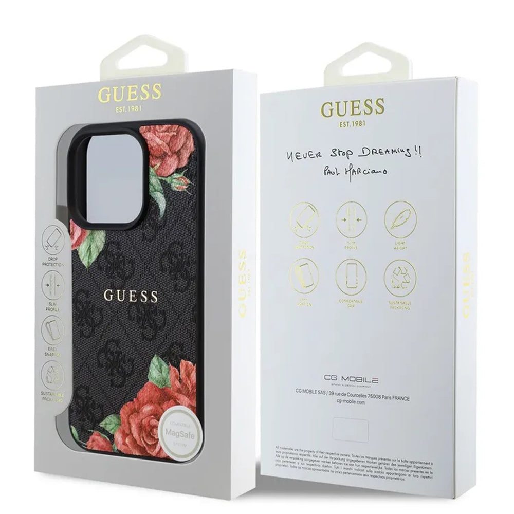 Etui MagSafe dla Apple iPhone 16 Pro Max, Guess, 4G Flowers Print, Czarne