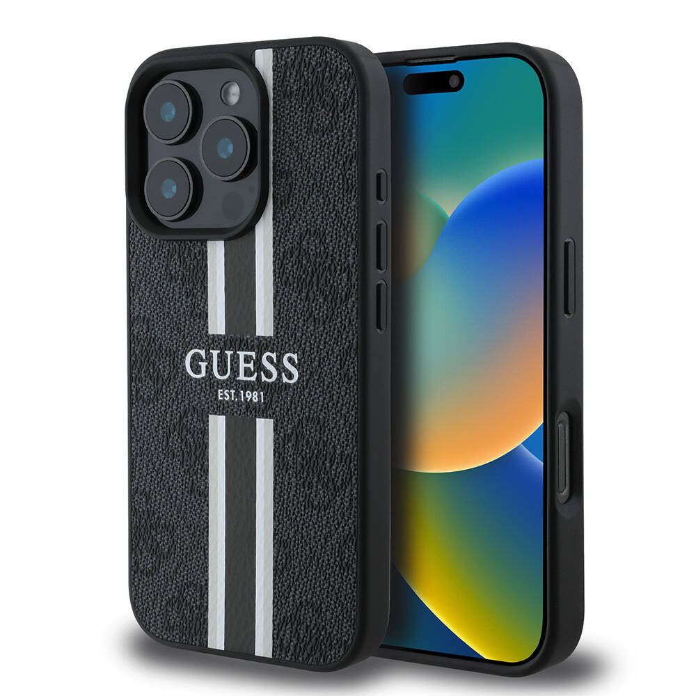 Etui MagSafe dla Apple iPhone 16 Pro Max, Guess, 4G Printed Stripes, Czarne