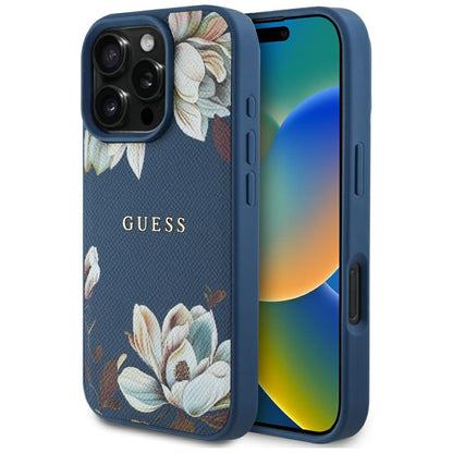 MagSafe Case for Apple iPhone 16 Pro Max, Guess, Grained Flowers, Blue