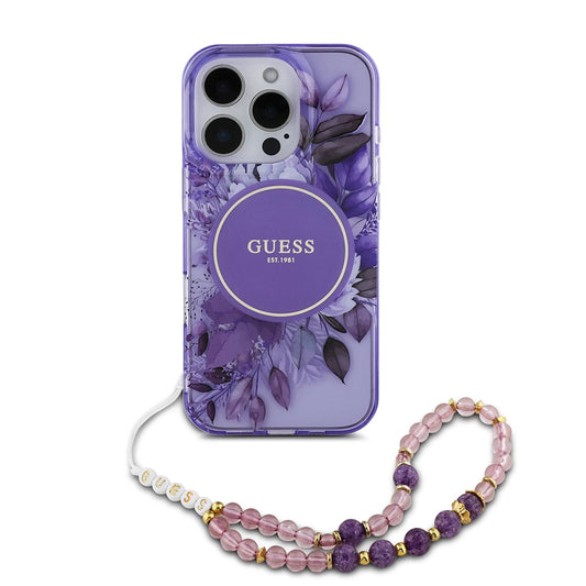 Etui MagSafe dla Apple iPhone 16 Pro Max, Guess, IML Flowers with Pearl Strap, Fioletowy