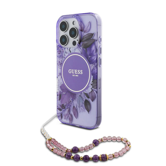 Etui MagSafe dla Apple iPhone 16 Pro Max, Guess, IML Flowers with Pearl Strap, Fioletowy