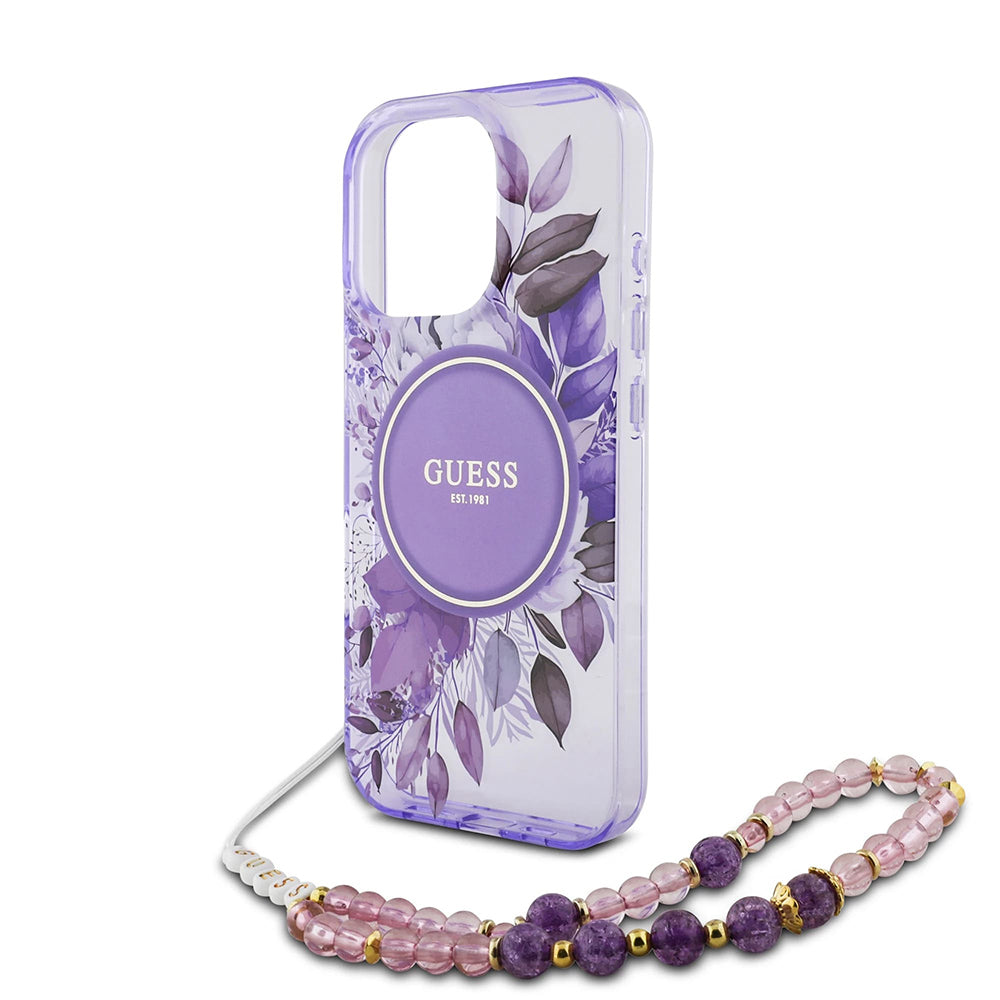 MagSafe Case for Apple iPhone 16 Pro Max, Guess, IML Flowers with Pearl Strap, Purple
