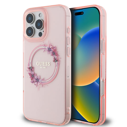 Etui MagSafe dla Apple iPhone 16 Pro Max, Guess, IML Flowers Wreath, Różowy