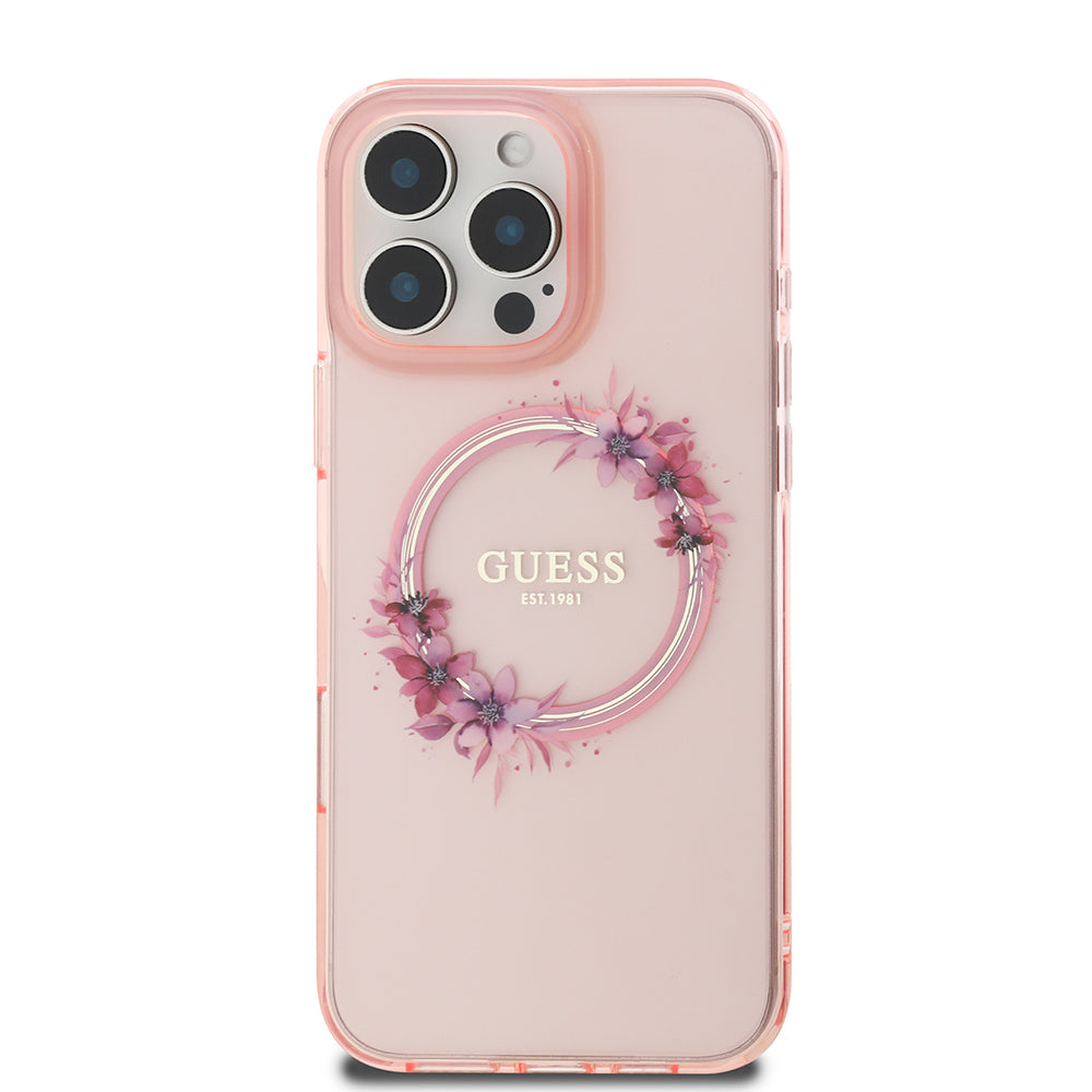 Etui MagSafe dla Apple iPhone 16 Pro Max, Guess, IML Flowers Wreath, Różowy