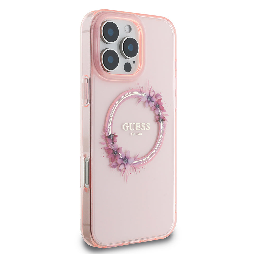 Etui MagSafe dla Apple iPhone 16 Pro Max, Guess, IML Flowers Wreath, Różowy
