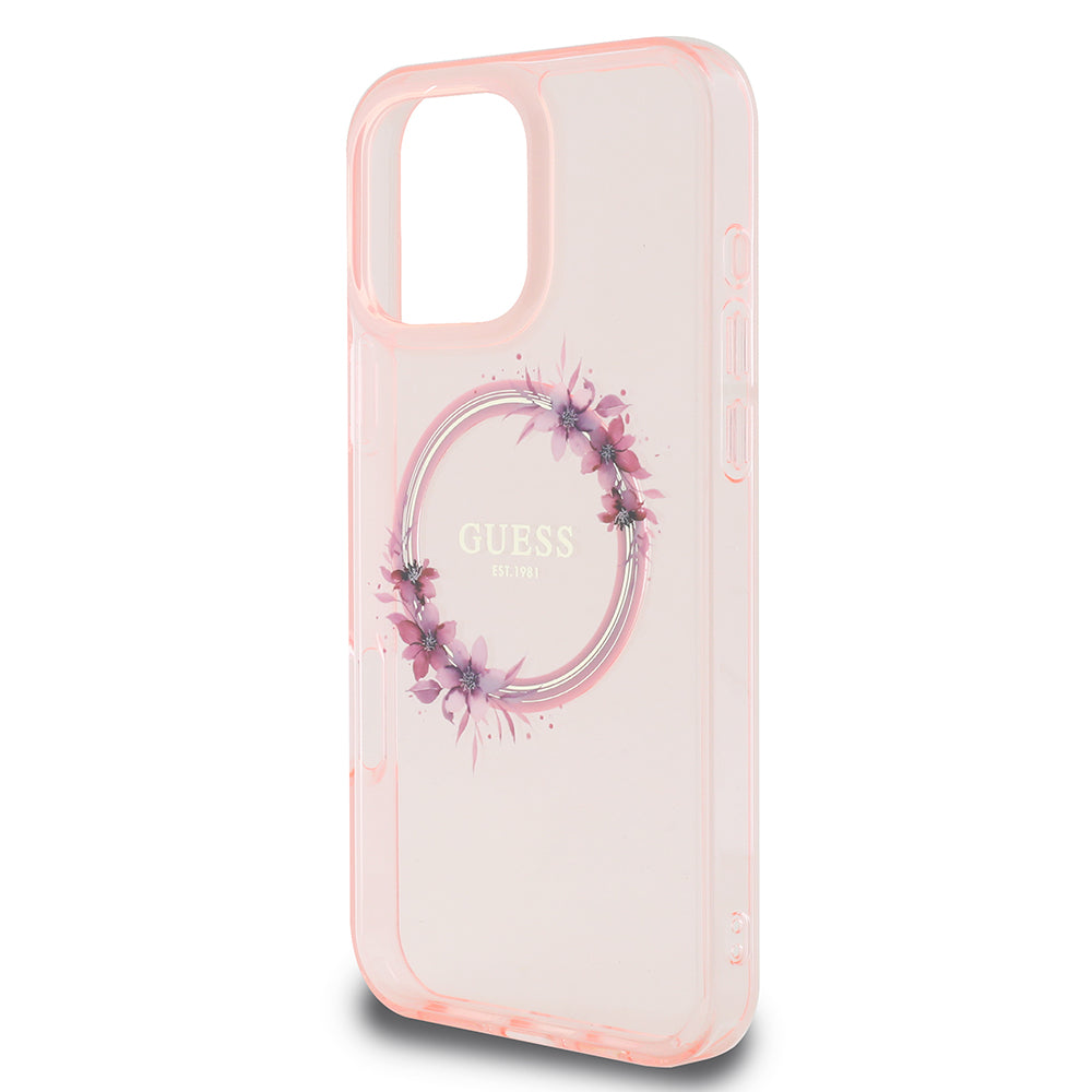 Etui MagSafe dla Apple iPhone 16 Pro Max, Guess, IML Flowers Wreath, Różowy