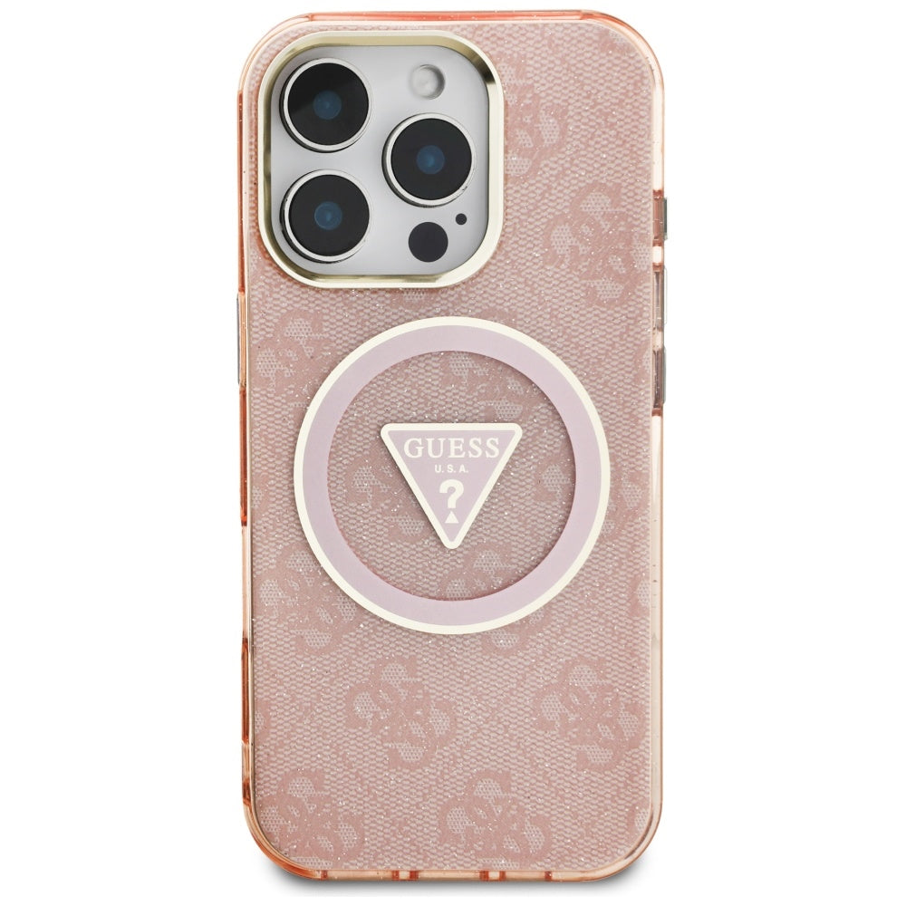 Etui MagSafe dla Apple iPhone 16 Pro Max, Guess, IML Glitter 4G Circle Triangle, Różowy