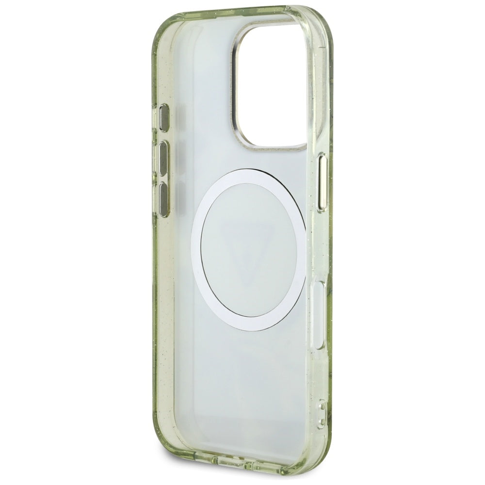 Etui MagSafe dla Apple iPhone 16 Pro Max, Guess, IML Metal Glitter Flowers Triangle, Zielony