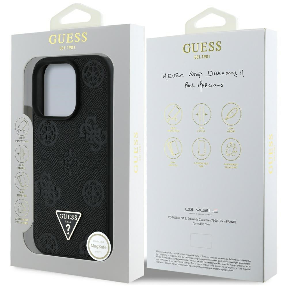 Etui MagSafe dla Apple iPhone 16 Pro Max, Guess, Peony Grained Hot Stamp Triangle, Czarne