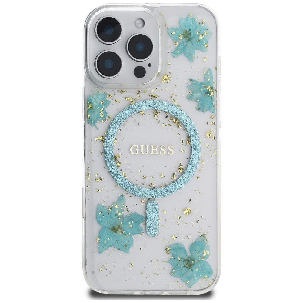 Etui MagSafe dla Apple iPhone 16 Pro Max, Guess, Resin Flowers and Glitter, Turkusowy