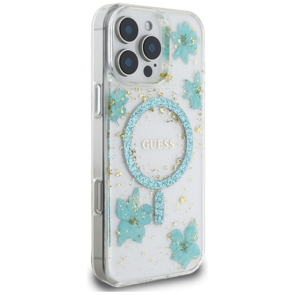 Etui MagSafe dla Apple iPhone 16 Pro Max, Guess, Resin Flowers and Glitter, Turkusowy