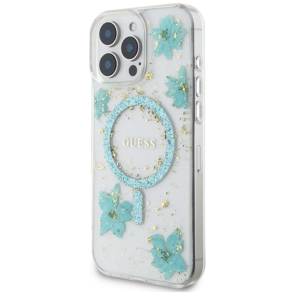 Etui MagSafe dla Apple iPhone 16 Pro Max, Guess, Resin Flowers and Glitter, Turkusowy