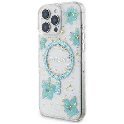 Etui MagSafe dla Apple iPhone 16 Pro Max, Guess, Resin Flowers and Glitter, Turkusowy