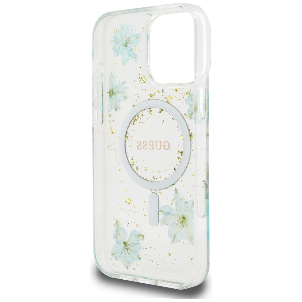 Etui MagSafe dla Apple iPhone 16 Pro Max, Guess, Resin Flowers and Glitter, Turkusowy