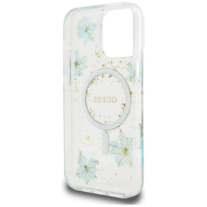 Etui MagSafe dla Apple iPhone 16 Pro Max, Guess, Resin Flowers and Glitter, Turkusowy