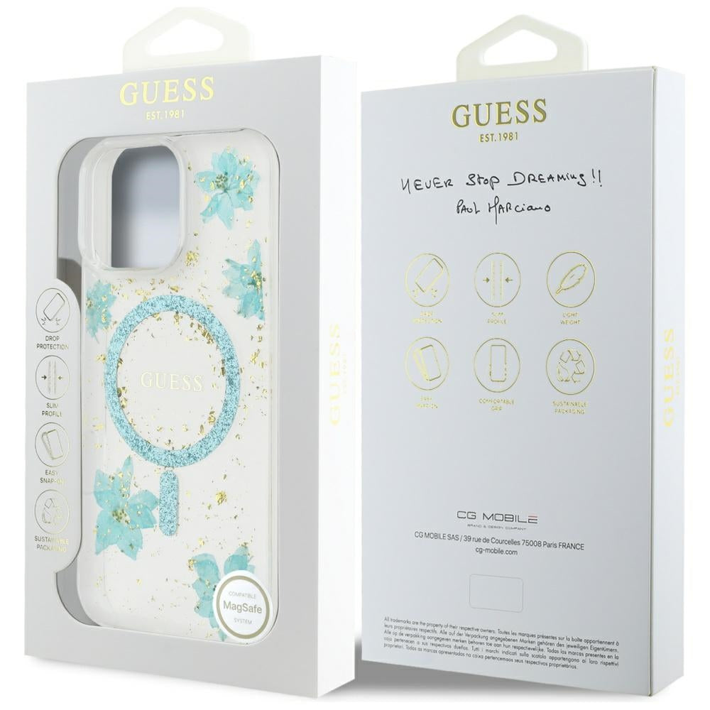 Etui MagSafe dla Apple iPhone 16 Pro Max, Guess, Resin Flowers and Glitter, Turkusowy