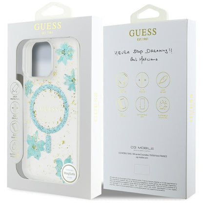 Etui MagSafe dla Apple iPhone 16 Pro Max, Guess, Resin Flowers and Glitter, Turkusowy