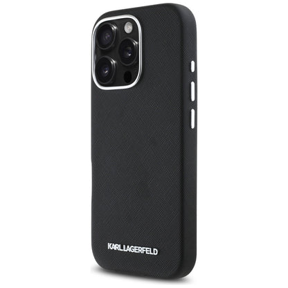 MagSafe Case for Apple iPhone 16 Pro Max, Karl Lagerfeld, Saffiano Full Wrapped Elongated Metal Logo, Black