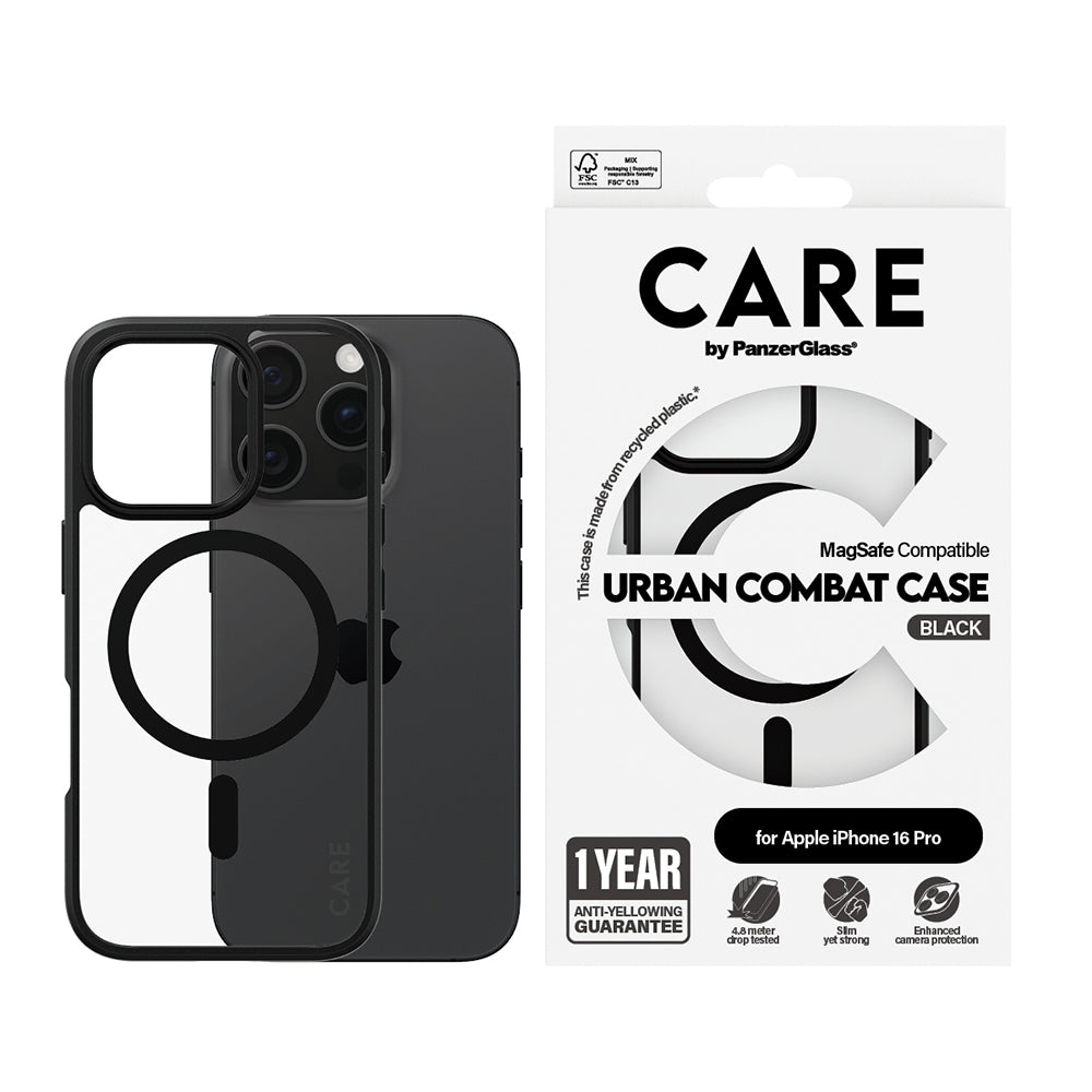 MagSafe Case for Apple iPhone 16 Pro, PanzerGlass, Urban Combat Care, Black Transparent