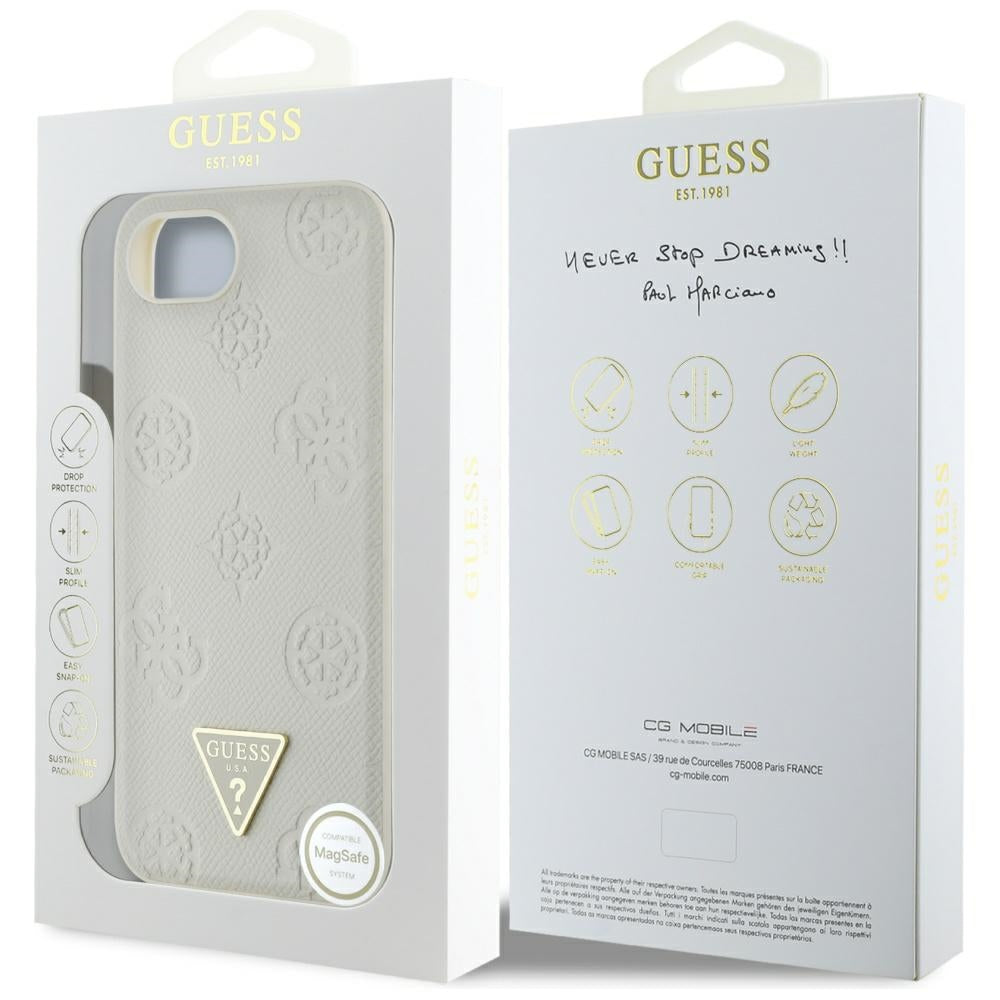 Etui MagSafe dla Apple iPhone 16e, Guess, Peony Grained Hot Stamp Triangle, Beżowy
