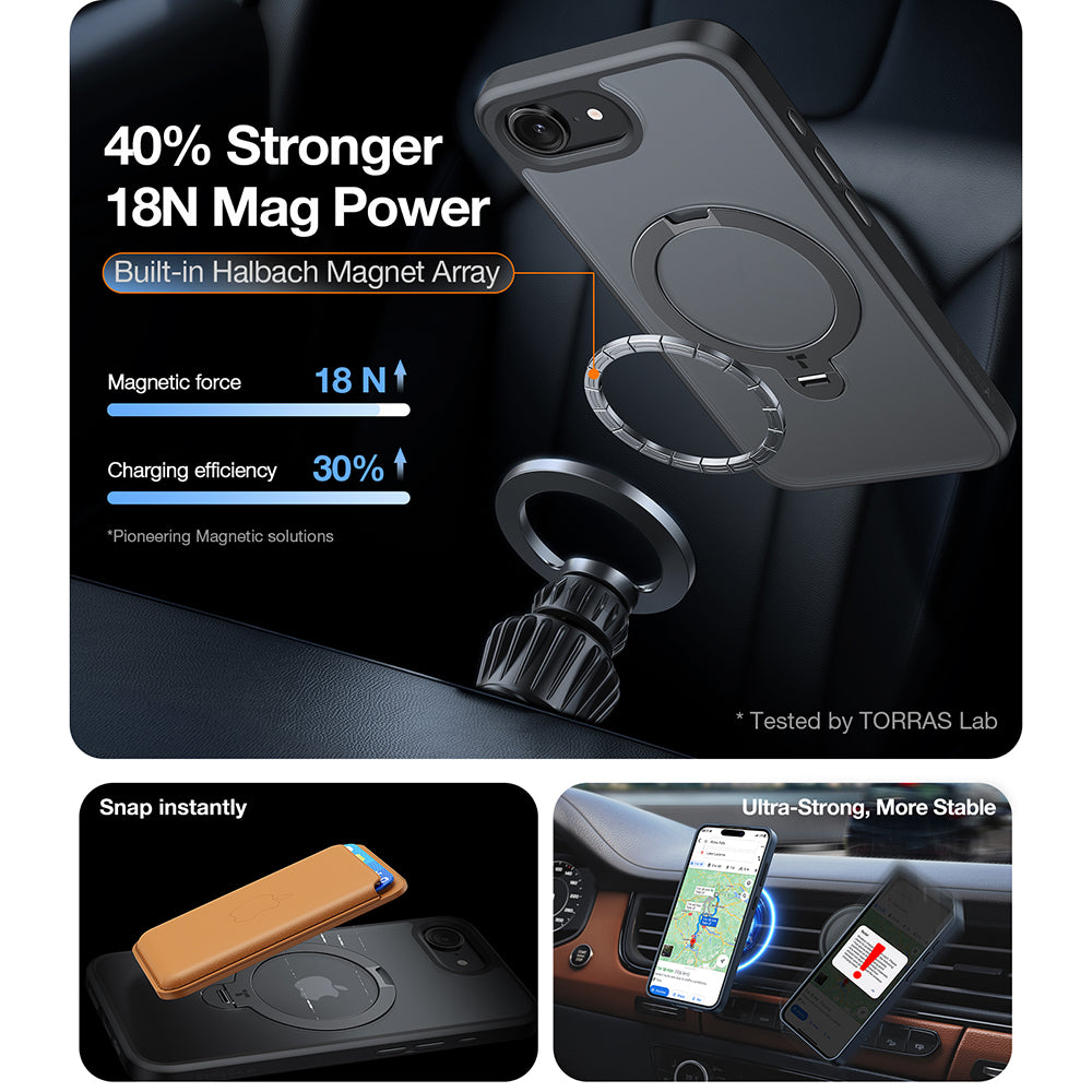 Etui MagSafe dla Apple iPhone 17e / 16e, Torras, Ostand Spin, Czarne