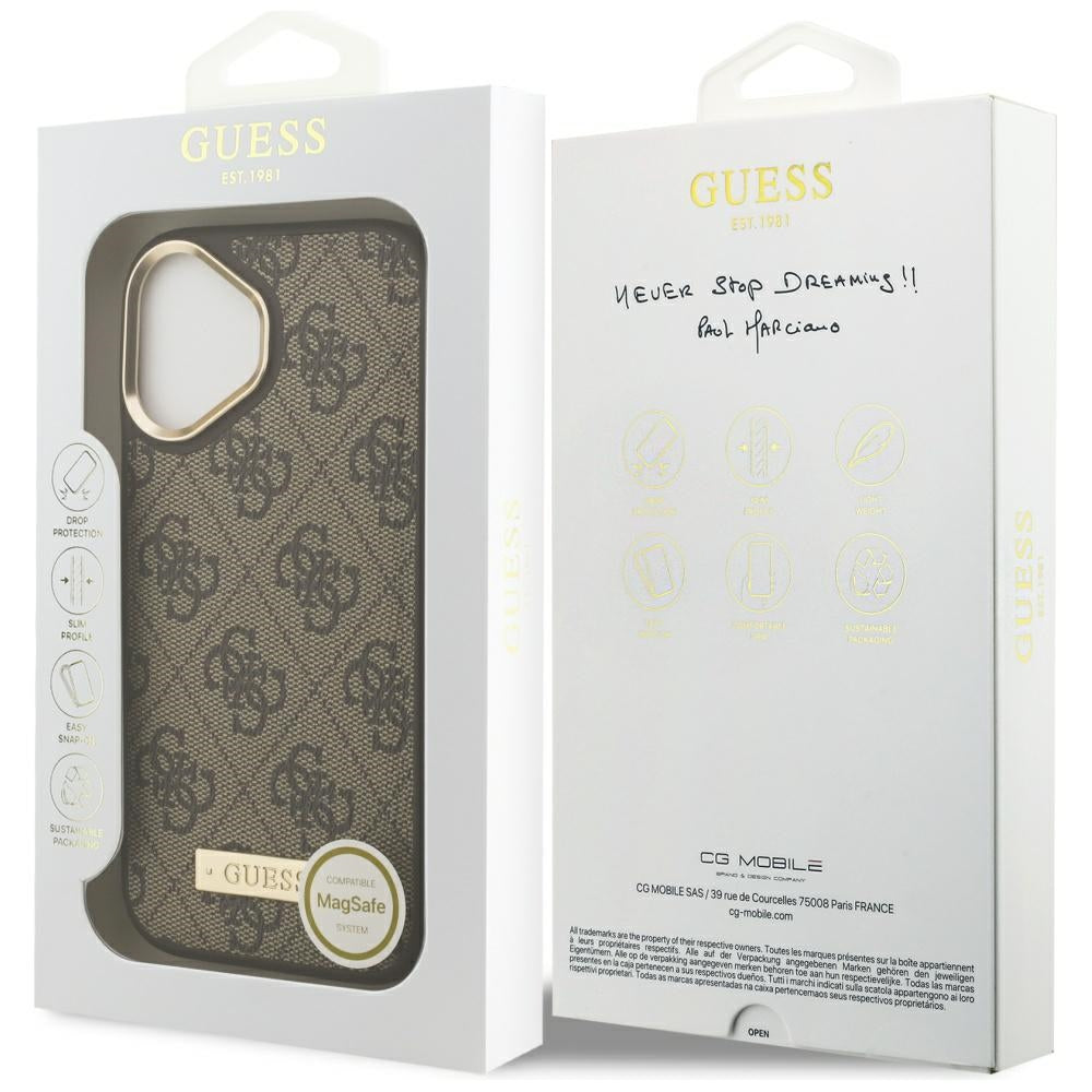 Etui MagSafe dla Apple iPhone 17, Guess, 4G Logo Plate, Brązowy
