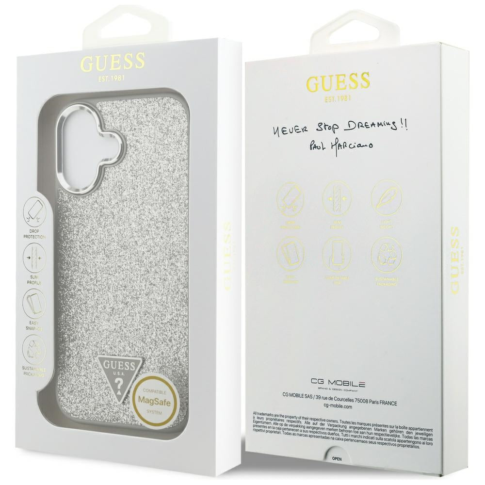 Etui MagSafe dla Apple iPhone 17, Guess, Glitter Triangle Logo, Srebrne