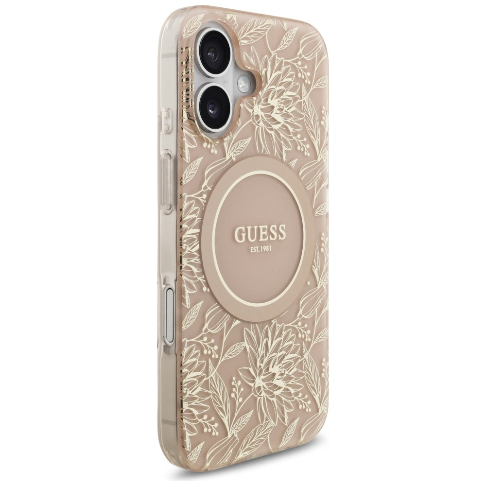 Etui MagSafe dla Apple iPhone 17, Guess, IML Flowers Allover Electroplated with Pearl Strap, Czarne