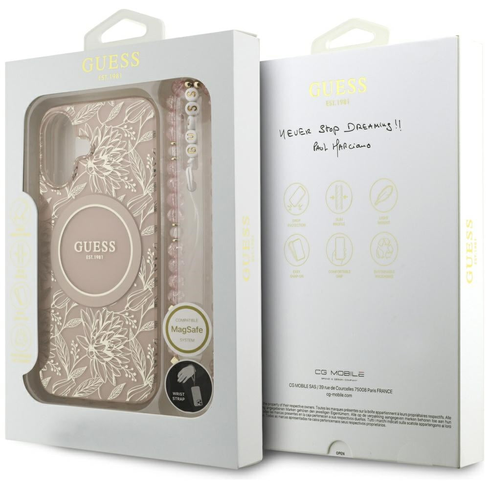Etui MagSafe dla Apple iPhone 17, Guess, IML Flowers Allover Electroplated with Pearl Strap, Czarne