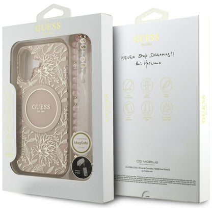 Etui MagSafe dla Apple iPhone 17, Guess, IML Flowers Allover Electroplated with Pearl Strap, Czarne