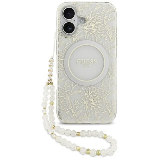 Etui MagSafe dla Apple iPhone 17, Guess, IML Flowers with Pearl Strap, Białe