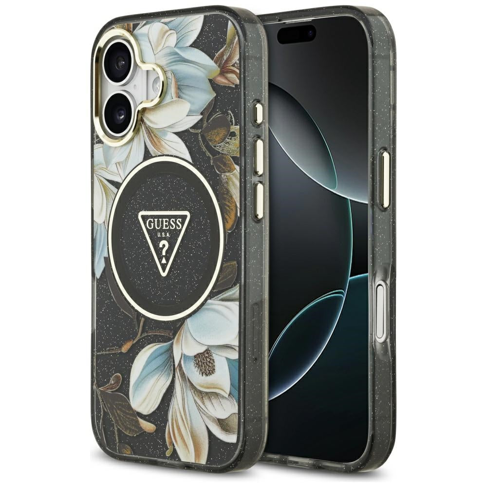 Etui MagSafe dla Apple iPhone 17, Guess, IML Metal Glitter Flowers Triangle, Czarne