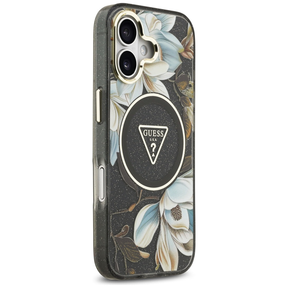 Etui MagSafe dla Apple iPhone 17, Guess, IML Metal Glitter Flowers Triangle, Czarne