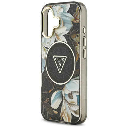 Etui MagSafe dla Apple iPhone 17, Guess, IML Metal Glitter Flowers Triangle, Czarne