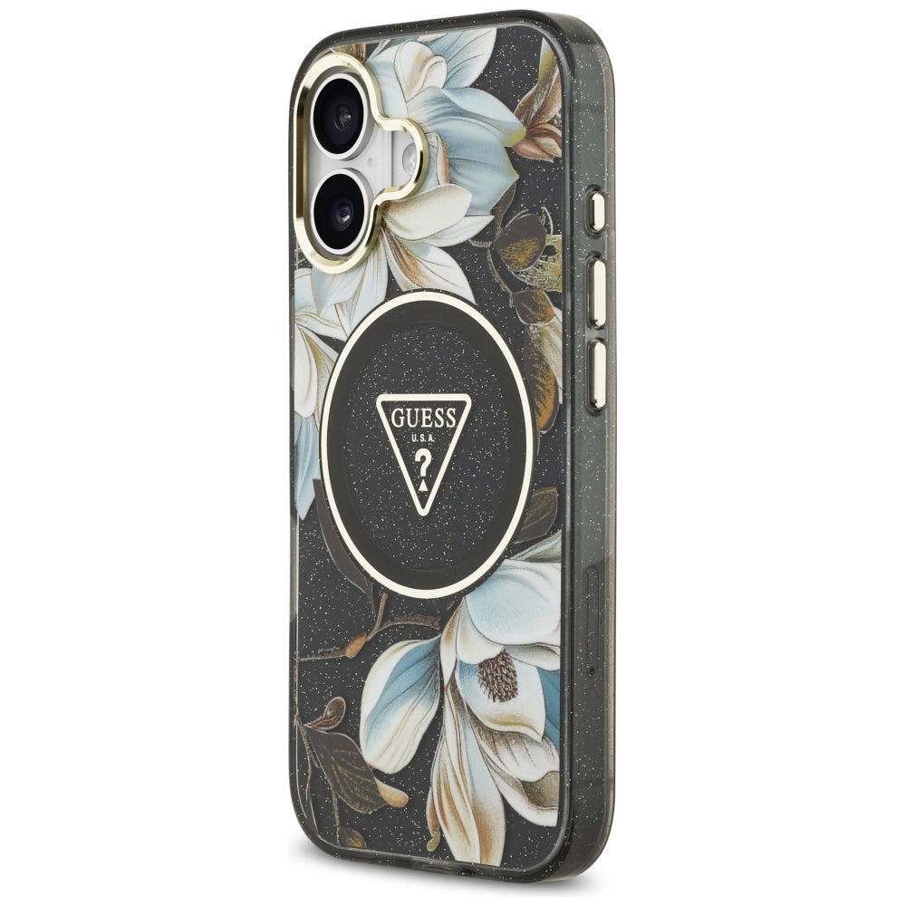 Etui MagSafe dla Apple iPhone 17, Guess, IML Metal Glitter Flowers Triangle, Czarne
