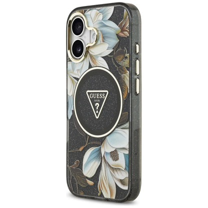 Etui MagSafe dla Apple iPhone 17, Guess, IML Metal Glitter Flowers Triangle, Czarne