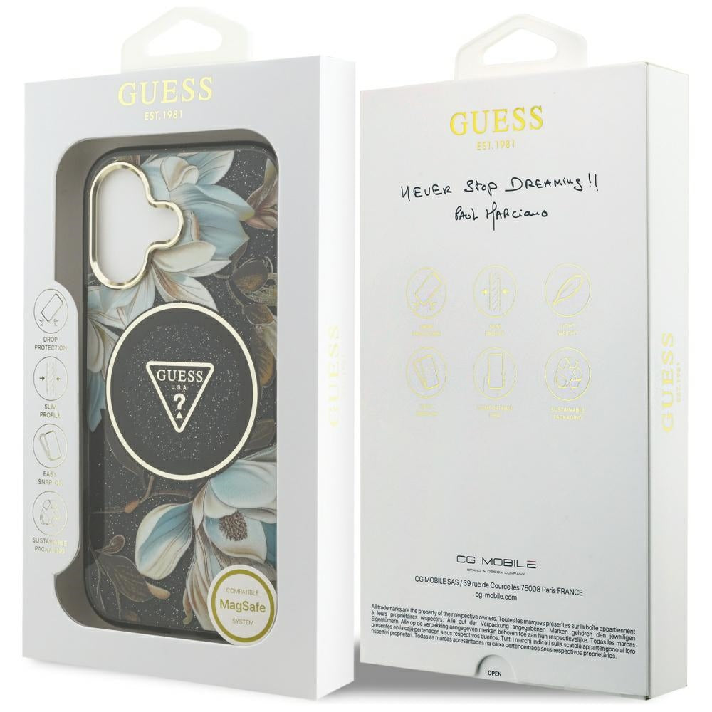 Etui MagSafe dla Apple iPhone 17, Guess, IML Metal Glitter Flowers Triangle, Czarne