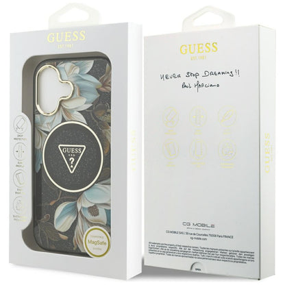 Etui MagSafe dla Apple iPhone 17, Guess, IML Metal Glitter Flowers Triangle, Czarne