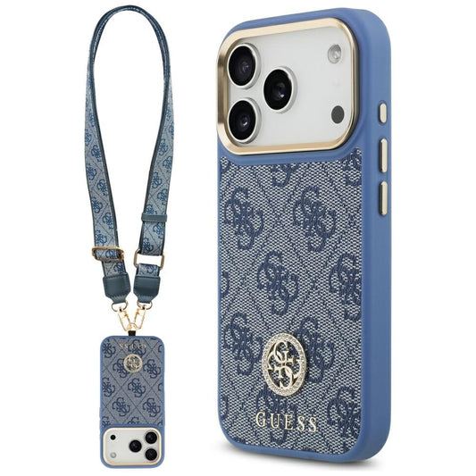 Etui MagSafe dla Apple iPhone 17 Pro, Guess, 4G Strass Logo with Big Strap, Niebieskie