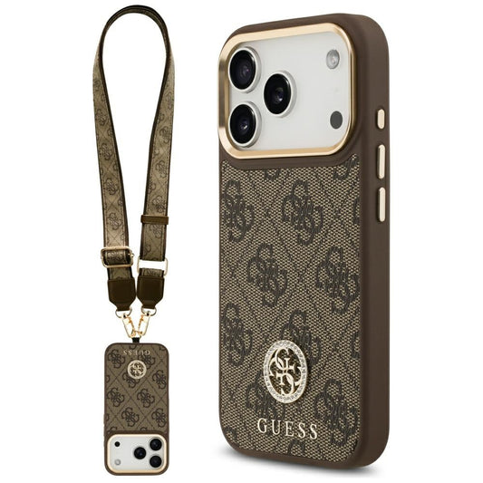 Etui MagSafe dla Apple iPhone 17 Pro, Guess, 4G Strass Logo with Big Strap, Brązowy